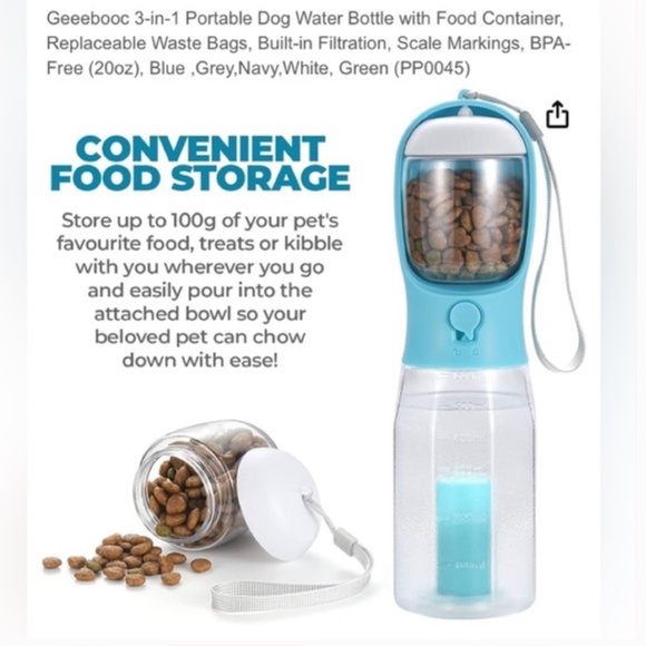 Geeebooc 3-in-1 Port Dog Water Bottle w/Food Container BPA Free N… - Picture 7 of 11